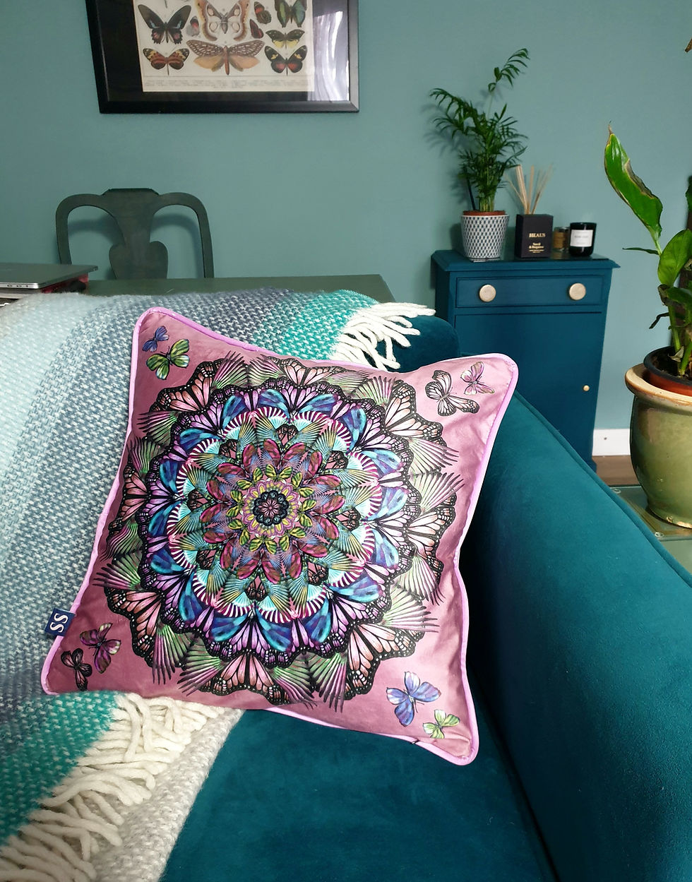 Thumbnail: Pink and purple Butterfly mandala square Velvet cushion - 45cm