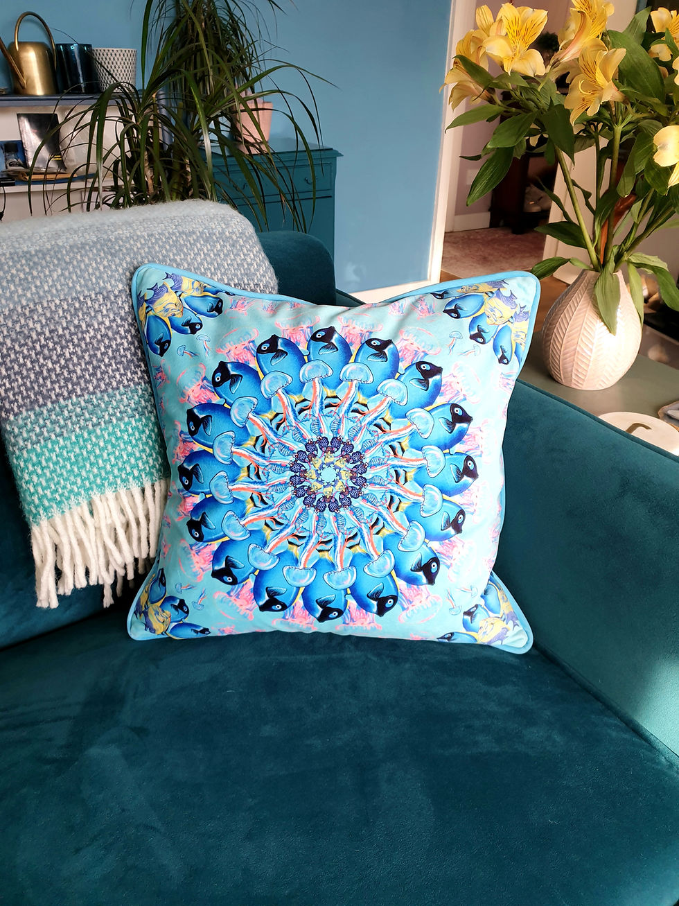 Thumbnail: Under the sea yellow fish mandala velvet cushion