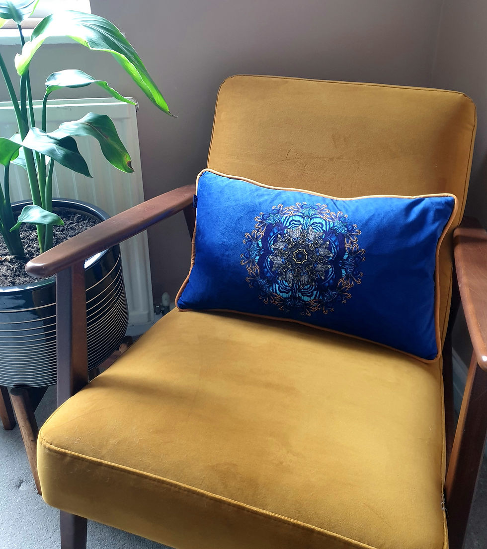 Thumbnail: Blue bee mandala velvet cushion - reversible