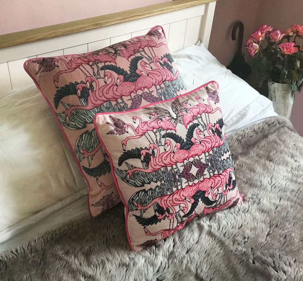 Thumbnail: Pink flamingo square with feathers velvet cushion - 45cm