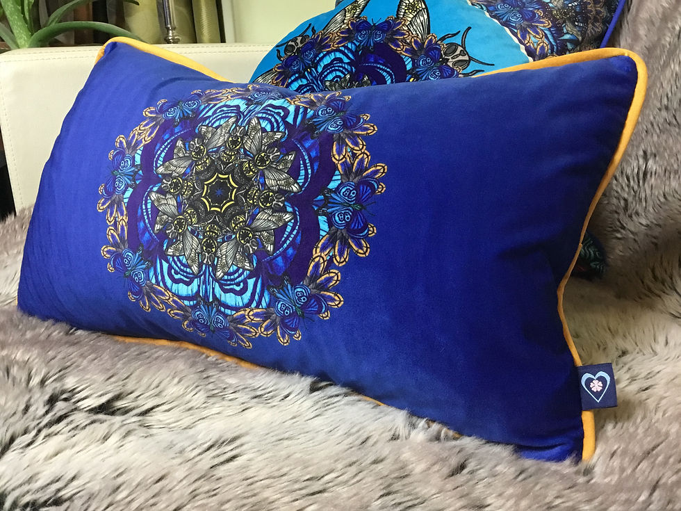 Thumbnail: Blue bee mandala velvet cushion - reversible