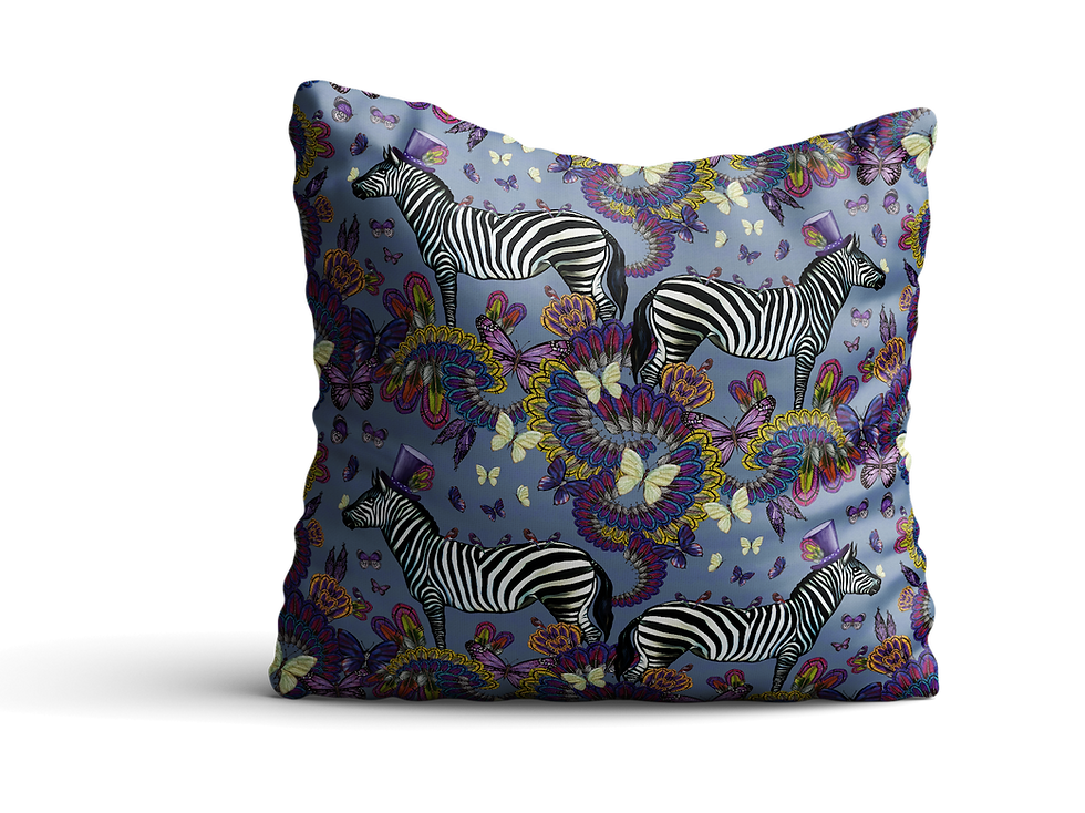 Zebras and butterflies in light blue/grey - velvet cushion 45cm