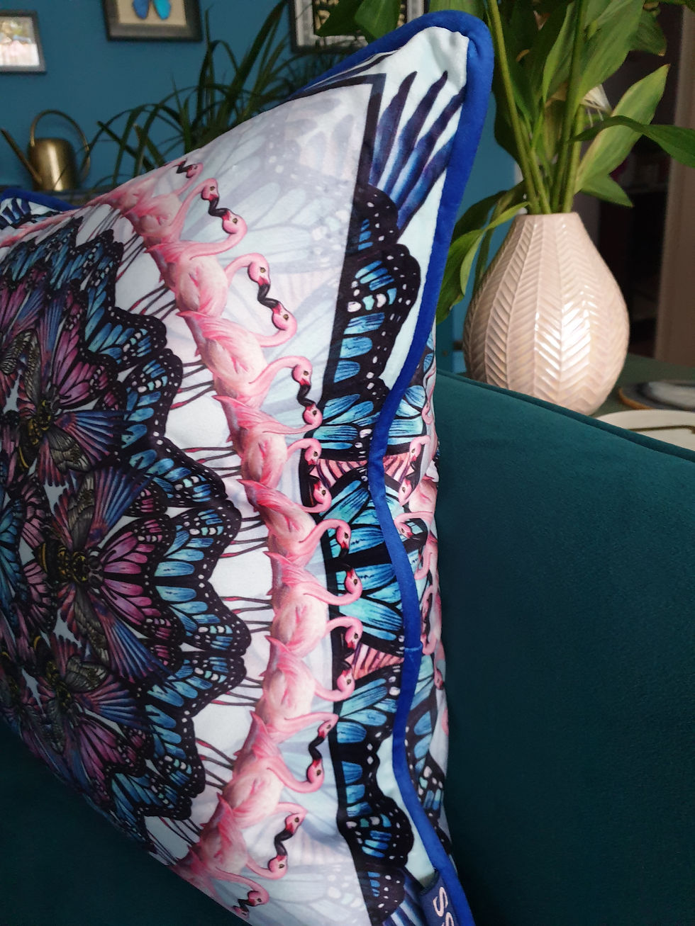 Thumbnail: Blue and pink bee flamingo mandala cushion