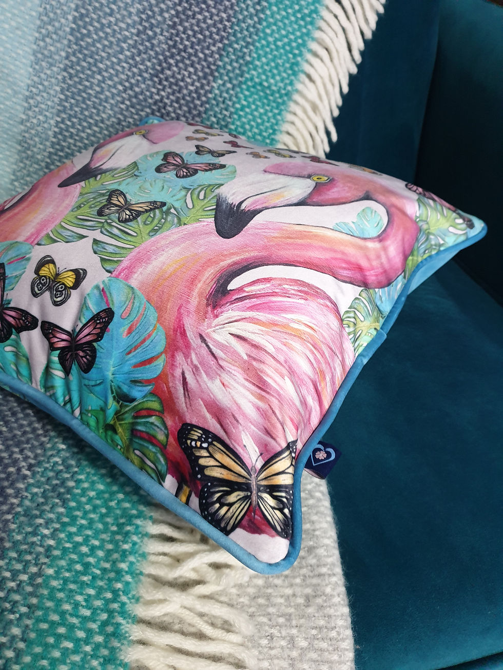 Thumbnail: Twin flamingos and butterflies cushion