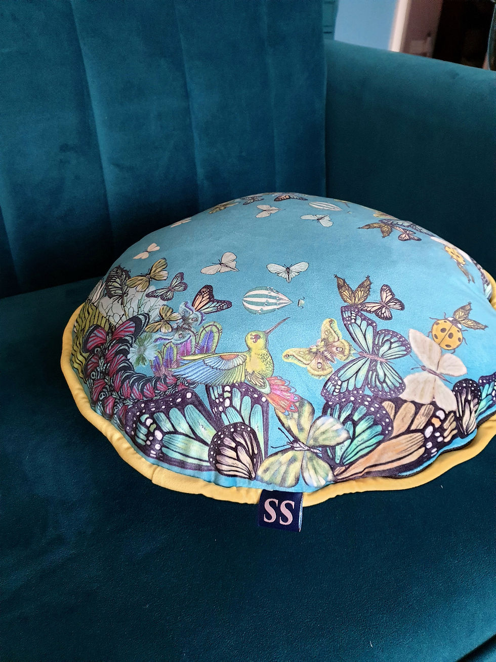 Thumbnail: Green butterflies round velvet cushion - reversible