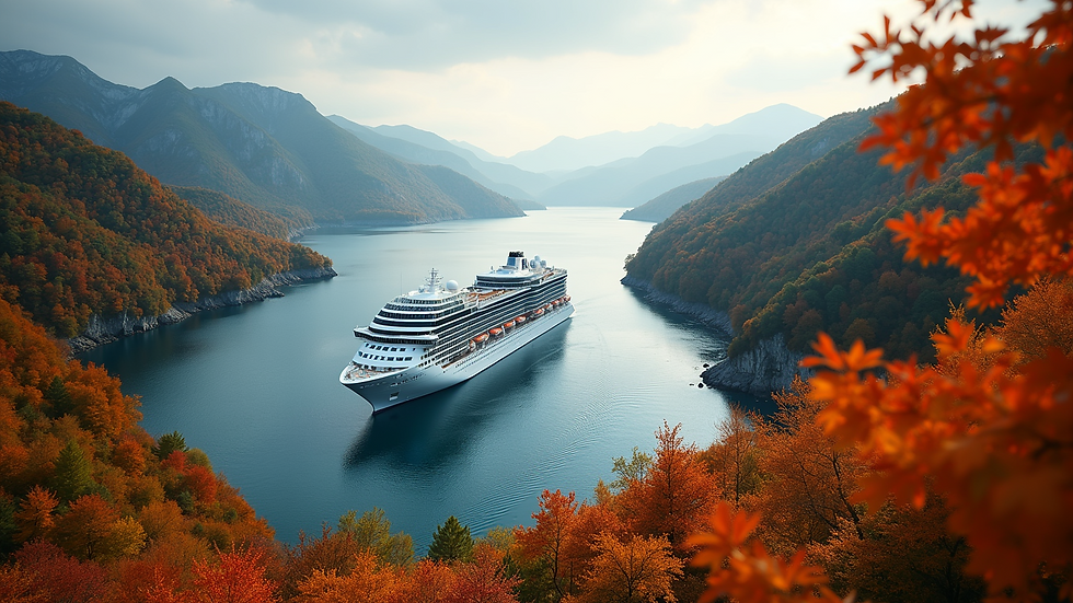 High angle view of a cruise ship sailing through calm waters surrounded by vibrant autumn trees