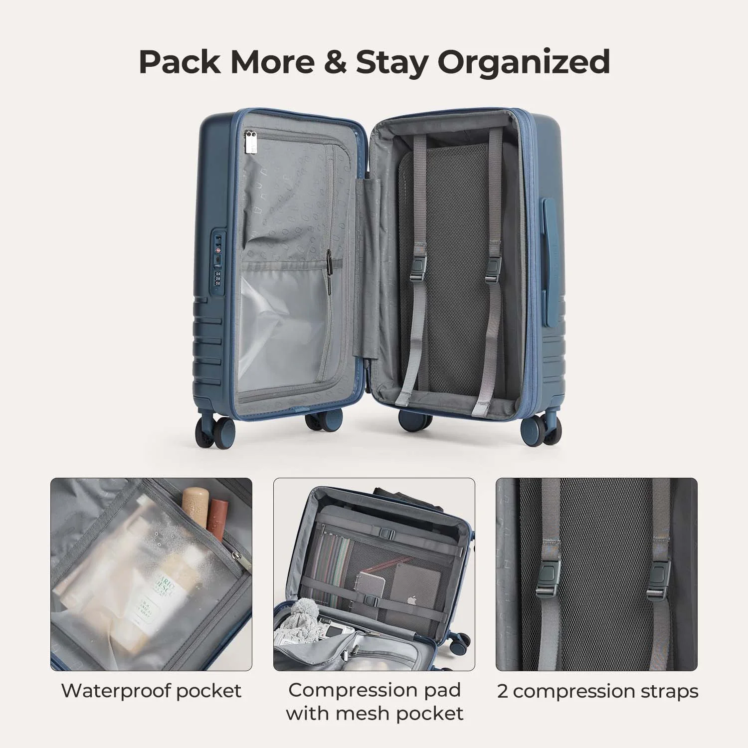Open BAGSMART suitcase displaying mesh pockets, compression straps, and wet pocket for organized packing.
