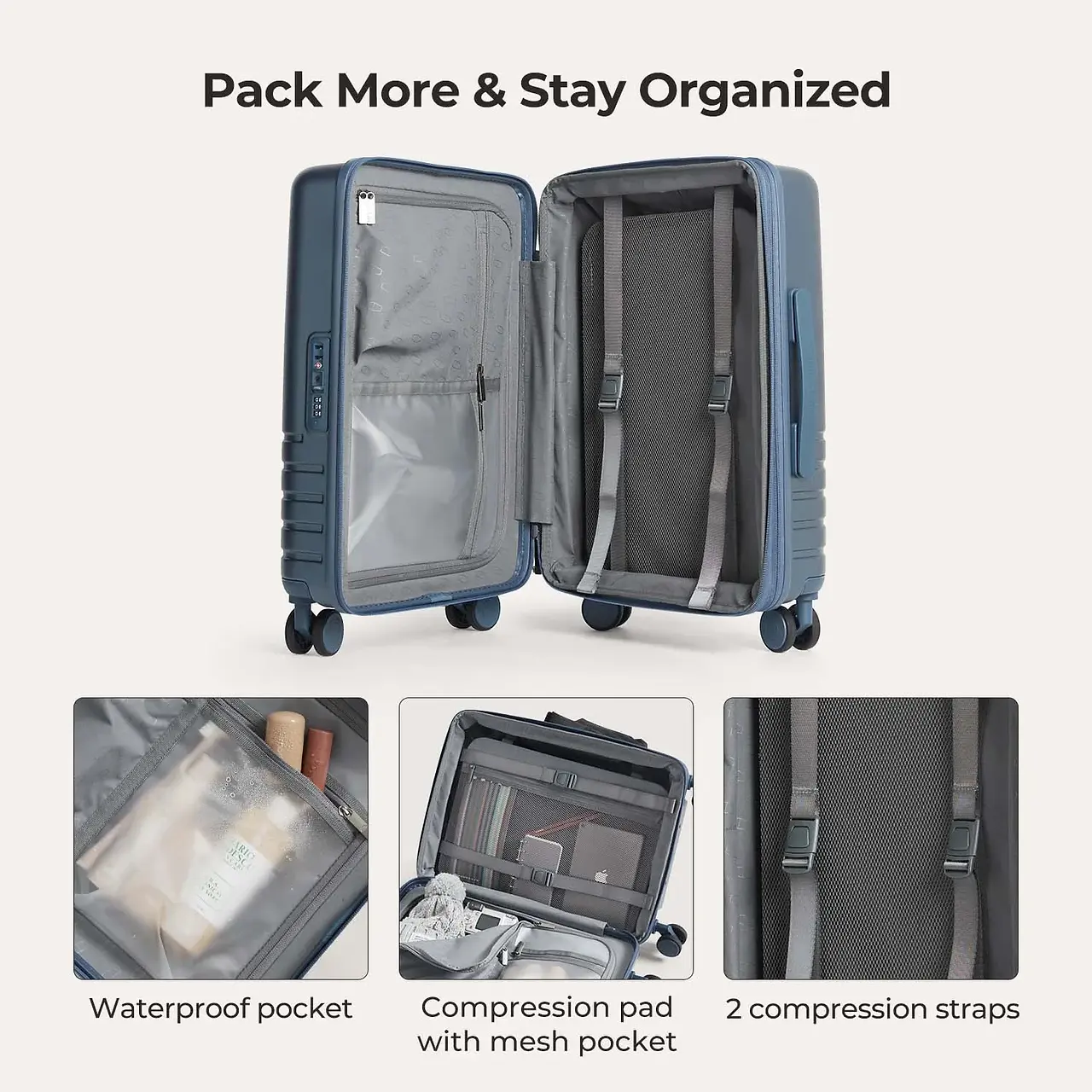 Open BAGSMART suitcase displaying mesh pockets, compression straps, and wet pocket for organized packing.