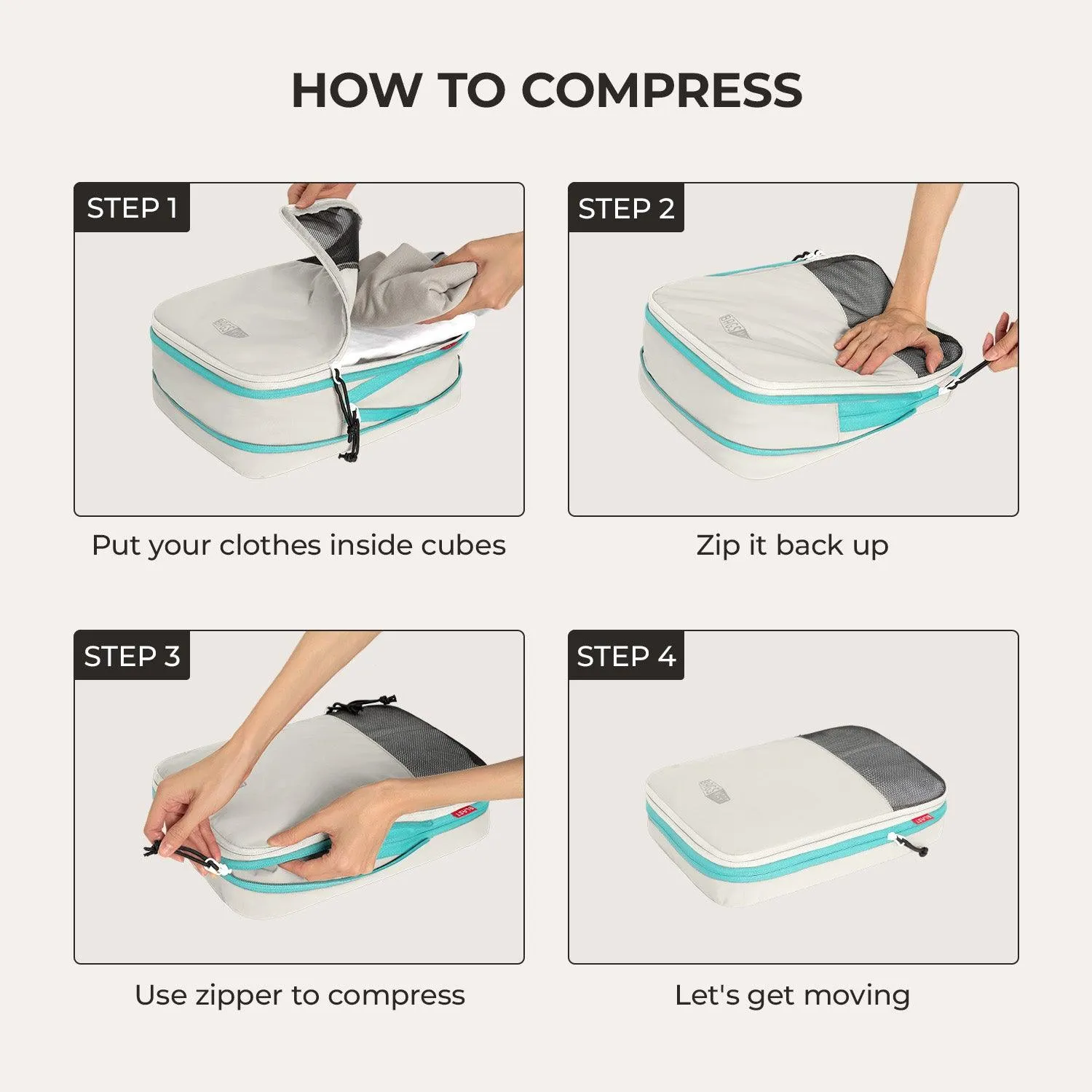 Close-up showing how BAGSMART packing cubes zip to compress clothing and save space.