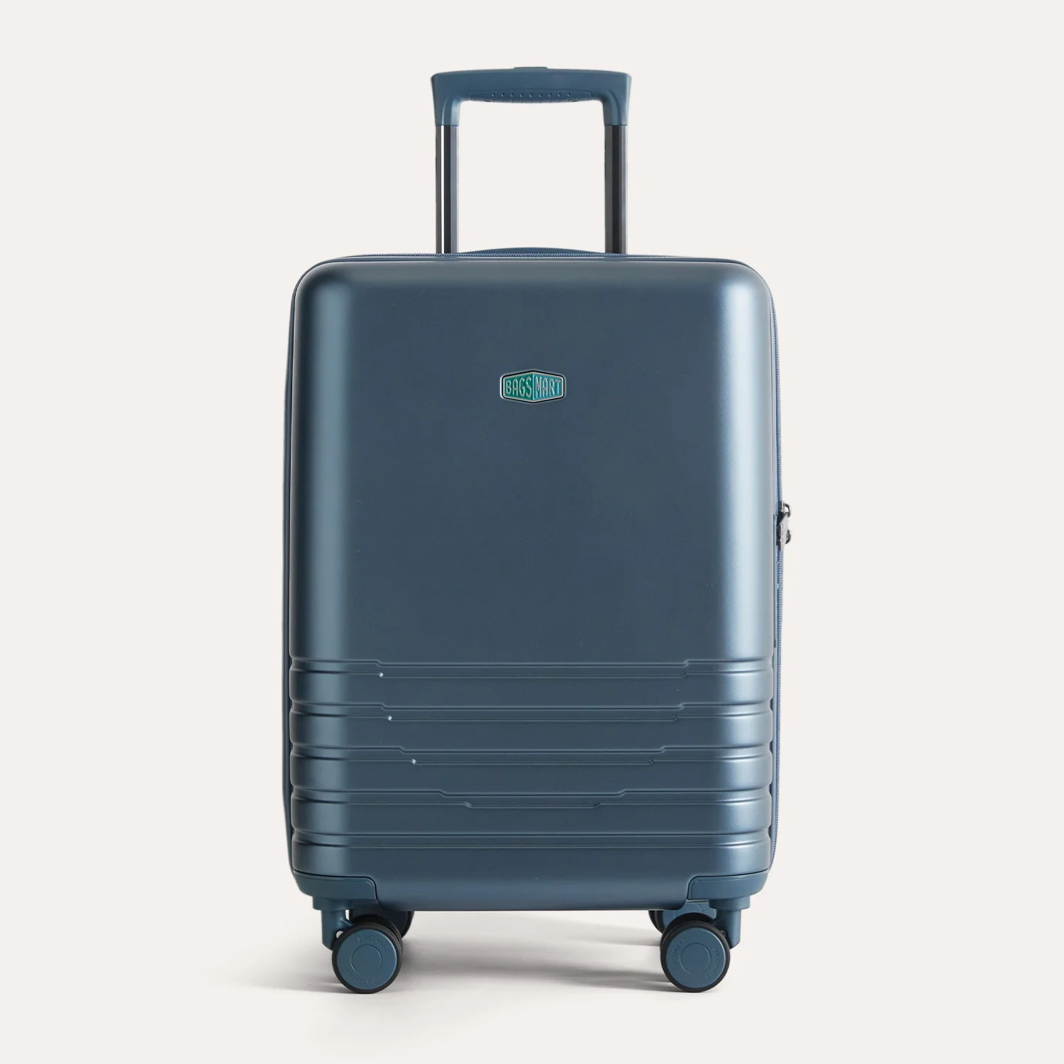 BAGSMART carry-on suitcase in steel blue with sturdy wheels and telescopic handle.