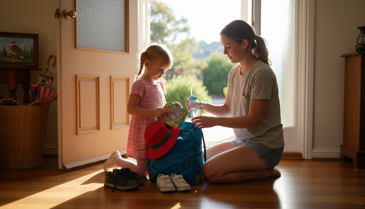 Eye-level view of an au pair helping a child pack a school bag near the front door