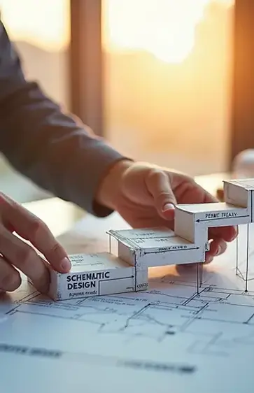 Hands arranging blocks labeled schematic design and permit ready