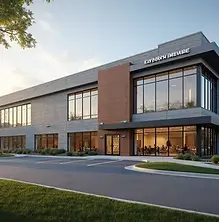 Retail and office building exterior at dusk with illuminated interior