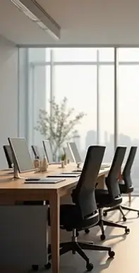 Modern office workspace with desks, chairs, and large windows