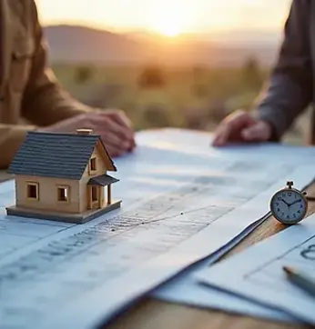 Small house model and clock resting on building blueprints