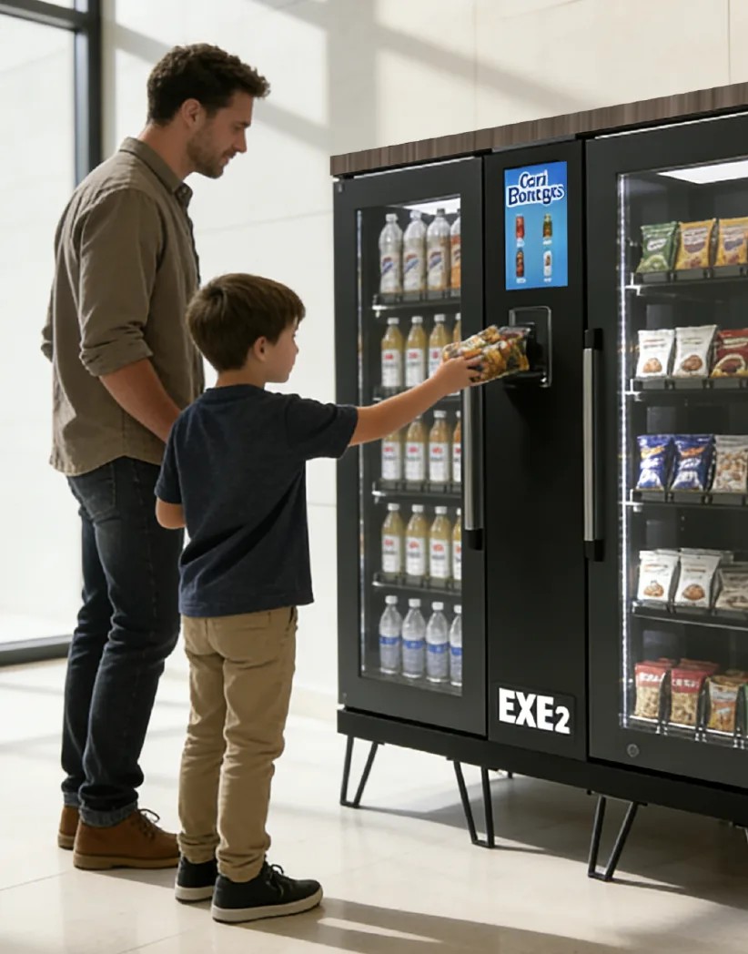 A parent and child at a two-door smart cooler in a bright lobby