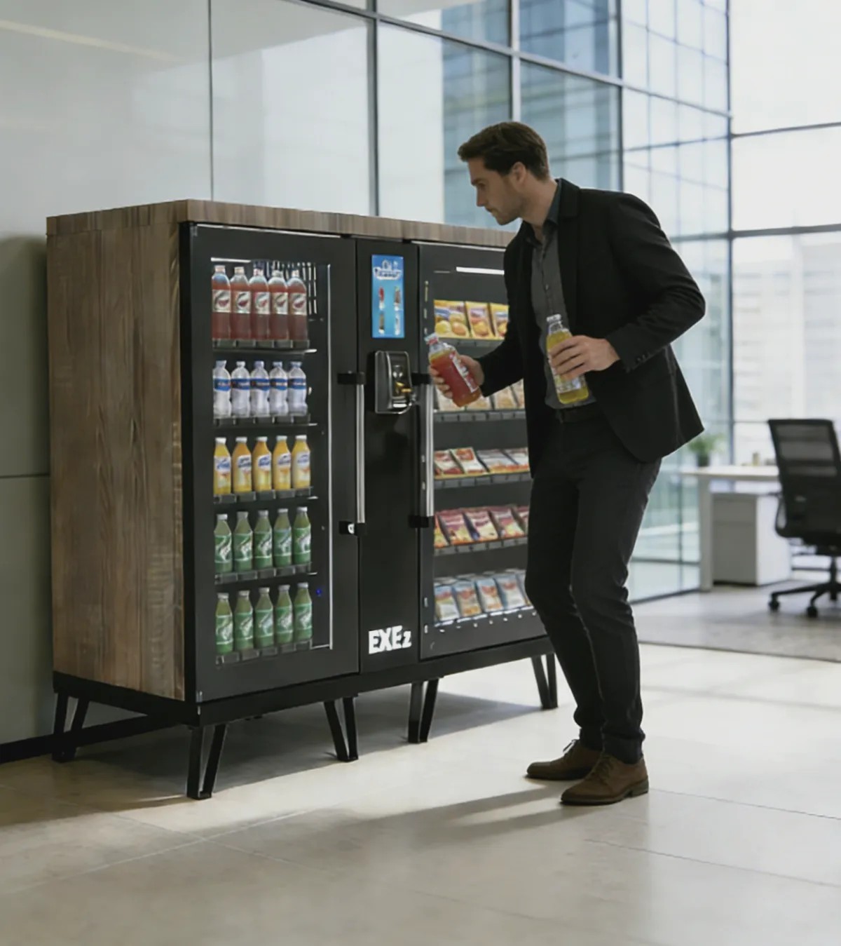 A man selecting a drink from a two-door smart cooler in a bright office lobby