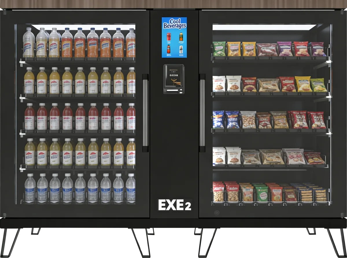 Front view of a two-door smart cooler stocked with drinks and snacks