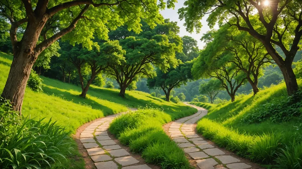 Wide angle view of a serene landscape with a winding path through lush greenery