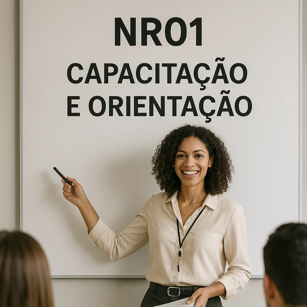 Uma mulher negra realizando um treinamento em uma sala de aula apontando para o quadro onde está escrito NR01 de capacitação e orientação.