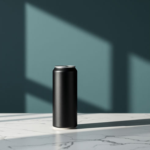 matt black 500ml can on a table add the name renvir on it  in white but keep in minimalist