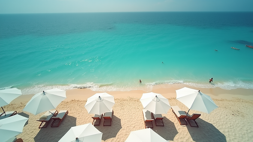 High angle view of a serene beach with umbrellas