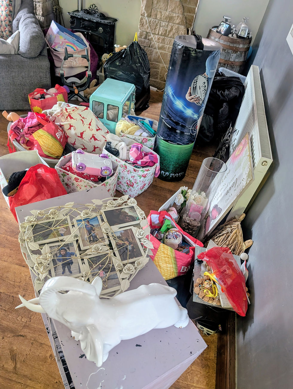 High angle view of packed boxes labeled for donation and sale
