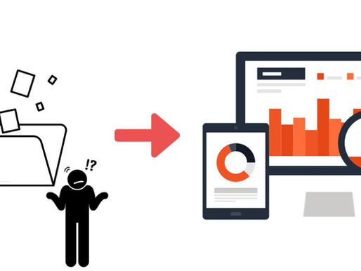 A person looking confused at a folder with random files going in, with an arrow pointing towards data dashboard