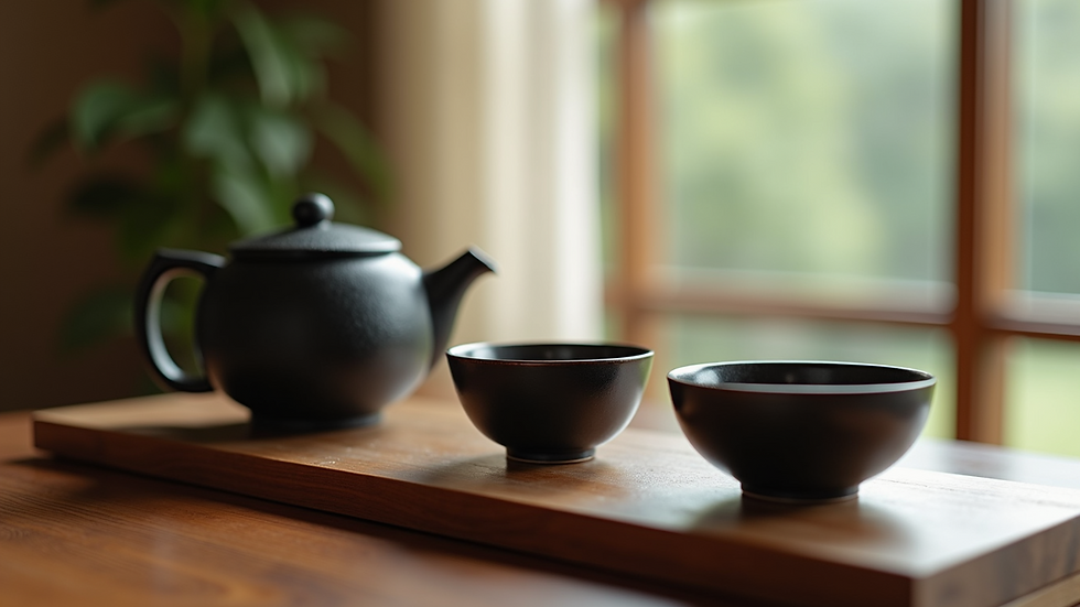 Close-up view of a traditional Japanese tea set on a wooden table