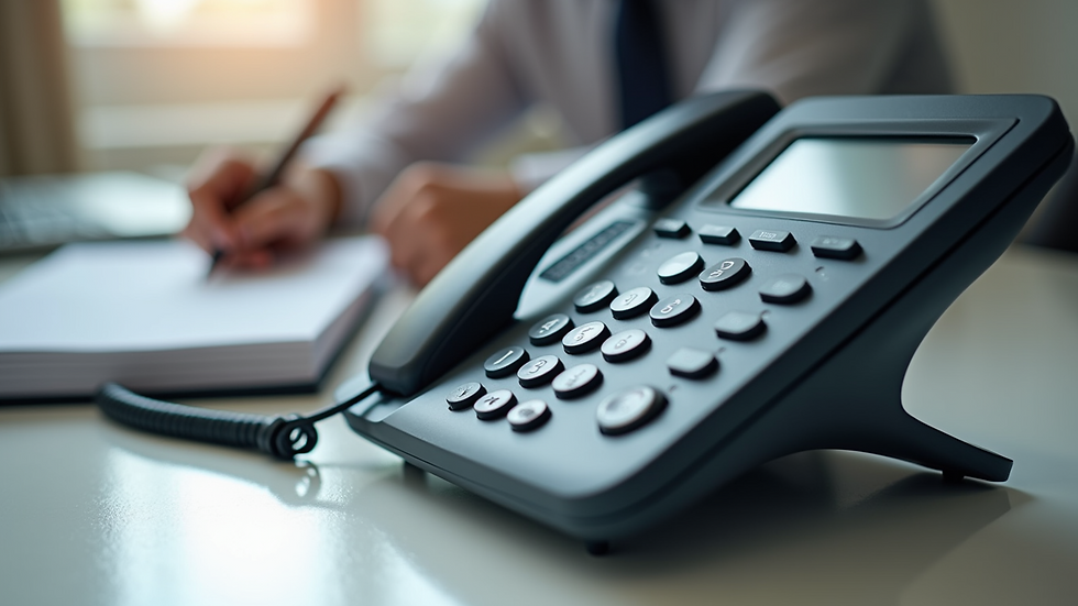 Close-up view of a business phone on a desk with a notebook