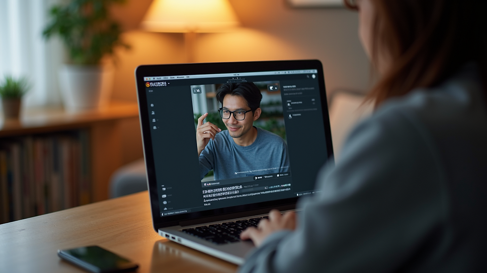 Eye-level view of a person watching a Japanese language podcast on a laptop