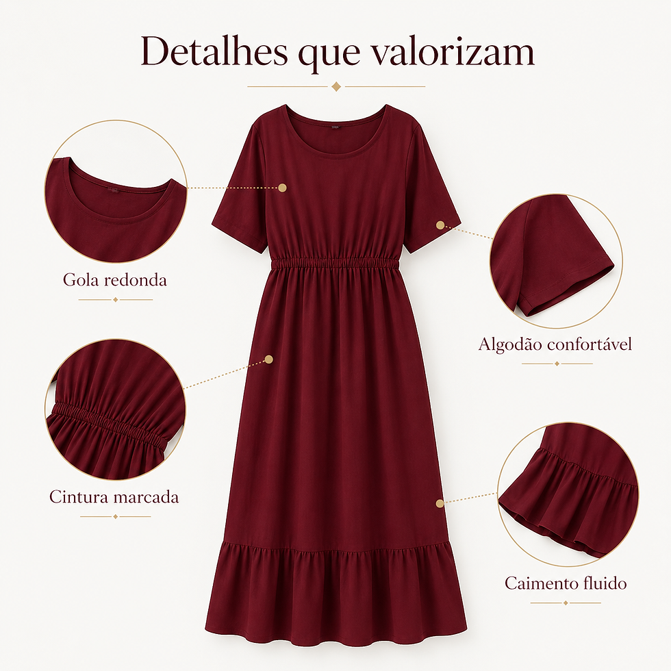 Miniatura: Vestido Midi Feminino de Algodão, Manga Curta, Decote Redondo, Cintura Elástica