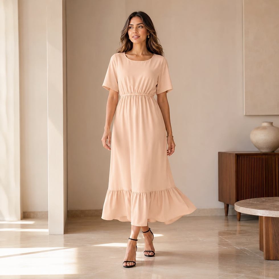 Miniatura: Vestido Midi Feminino de Algodão, Manga Curta, Decote Redondo, Cintura Elástica