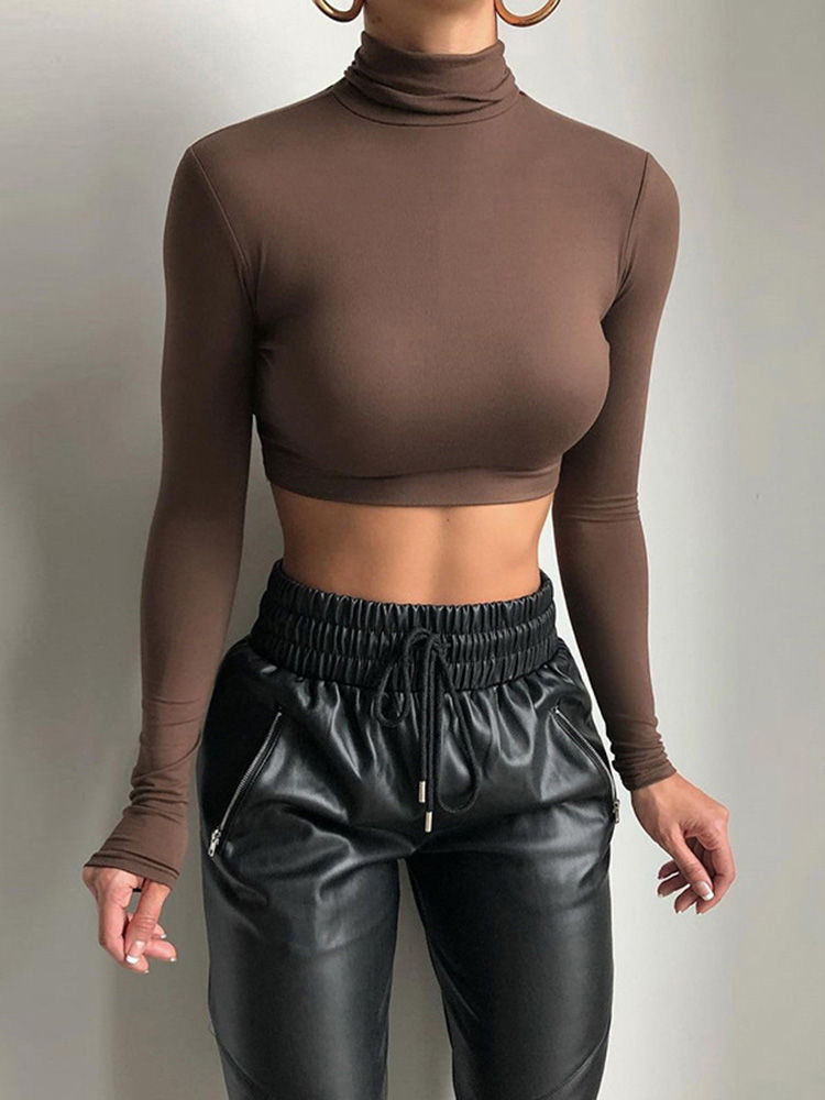 Miniatura: Bainha básica feminina sólida gola alta camiseta outono estiramento casual