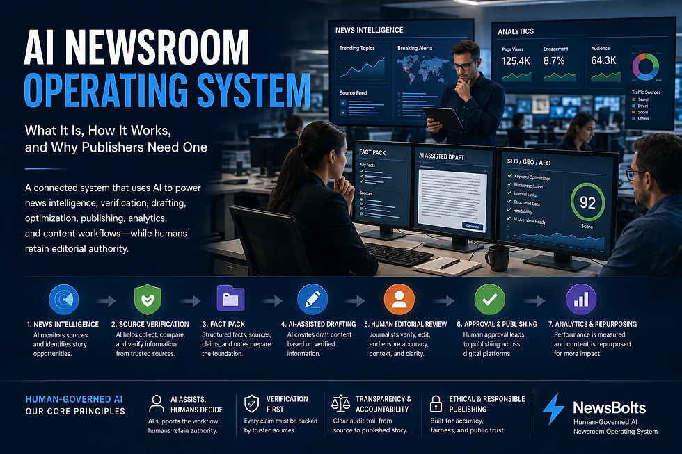 AI Newsroom Operating System workflow with human editorial control