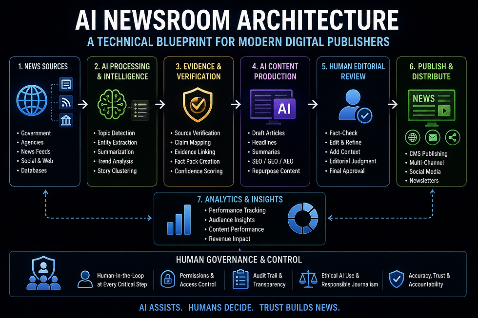 AI newsroom architecture showing sources verification AI production editorial governance and publishing