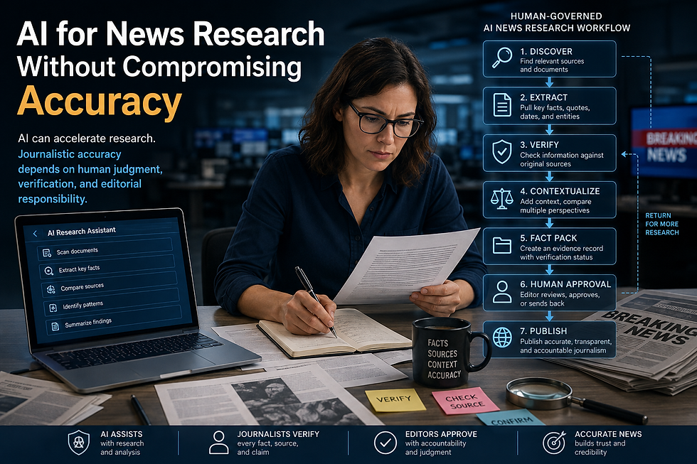 Journalist using AI for news research with source verification and human editorial approval