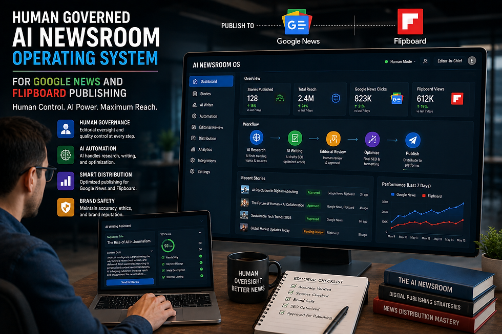 Human Governed AI Newsroom Operating System for Google News and Flipboard Publishing