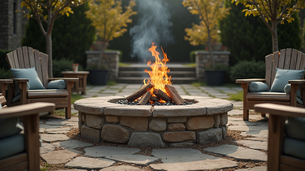 Eye-level view of a classic stone fire pit surrounded by seating