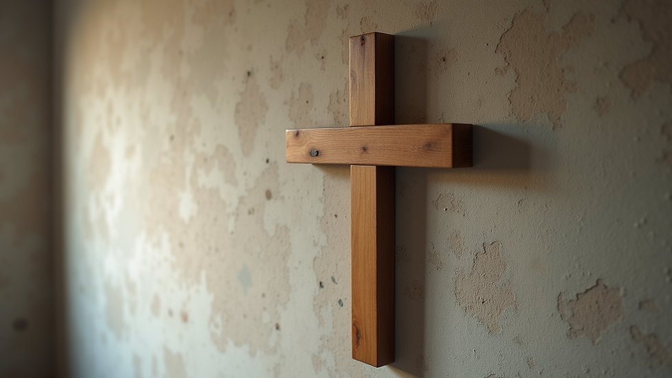 High angle view of a wooden cross wall art mounted on a textured wall