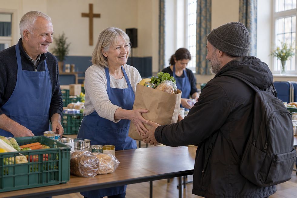 Helping the poor today: volunteers in a church hall hand a bag of groceries to a person in need, an illustration of a UK food bank
