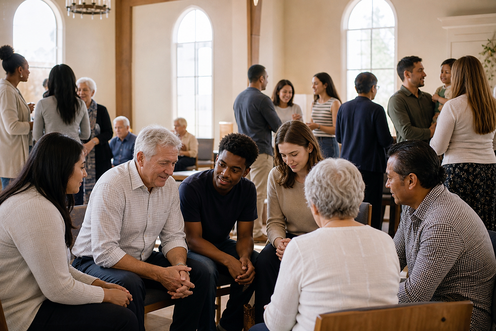 A diverse group of believers of different ages talking and praying together in a bright church hall