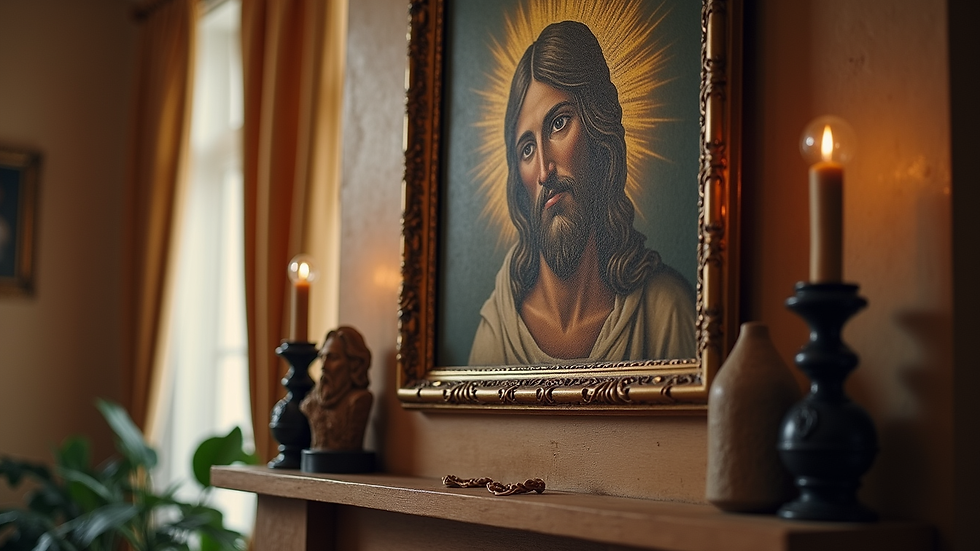 Close-up view of Jesus wall art displayed above a fireplace