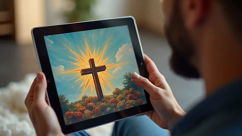 Eye-level view of a digital tablet displaying a colorful Christian art piece