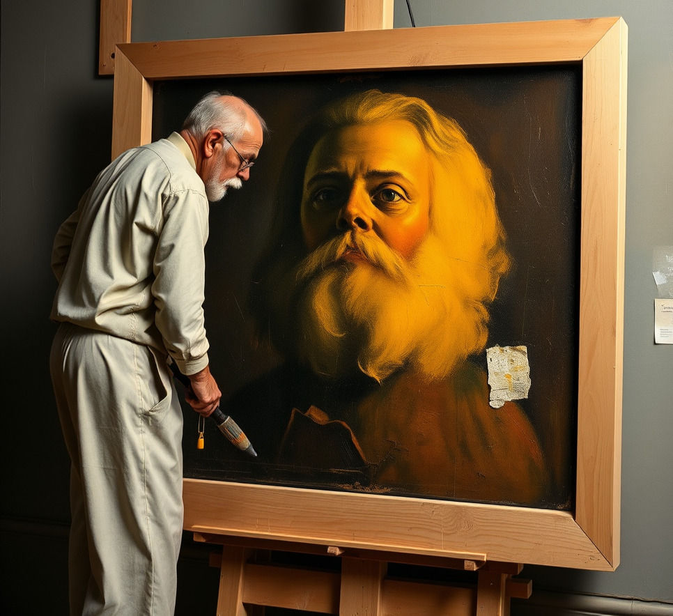 Promotional image for art conservation course on painting drying processes, varnish application, and archival standards for artwork storage.