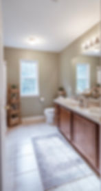 Modern bathroom with double vanity and wood cabinets