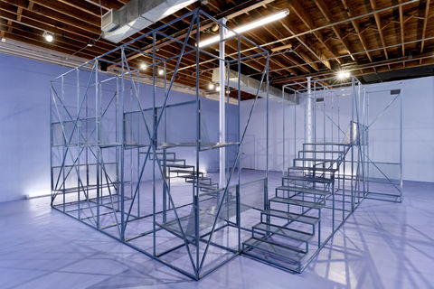 geovanna gonzalez large scale steel sculpture consisting of several custom welded staircases inside of miami locust projects