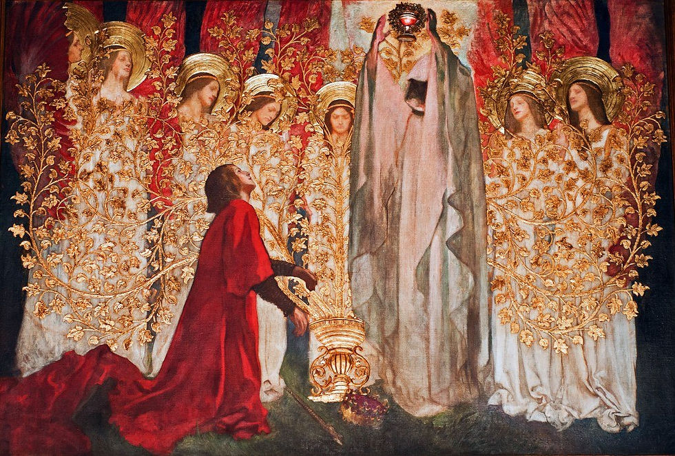 A robed figure holds a chalice amid golden-clad, angelic figures. A kneeling figure in red gazes upward. Ornate, gold vine patterns decorate.