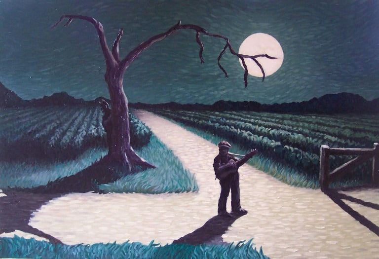 Man with a guitar stands on a moonlit path next to a barren tree, surrounded by fields and a gate, under a full moon in a dark sky.