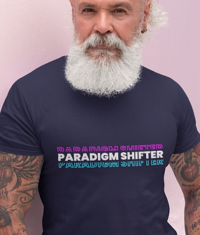 t-shirt mockup of a senior man with a white beard and tattooed arms